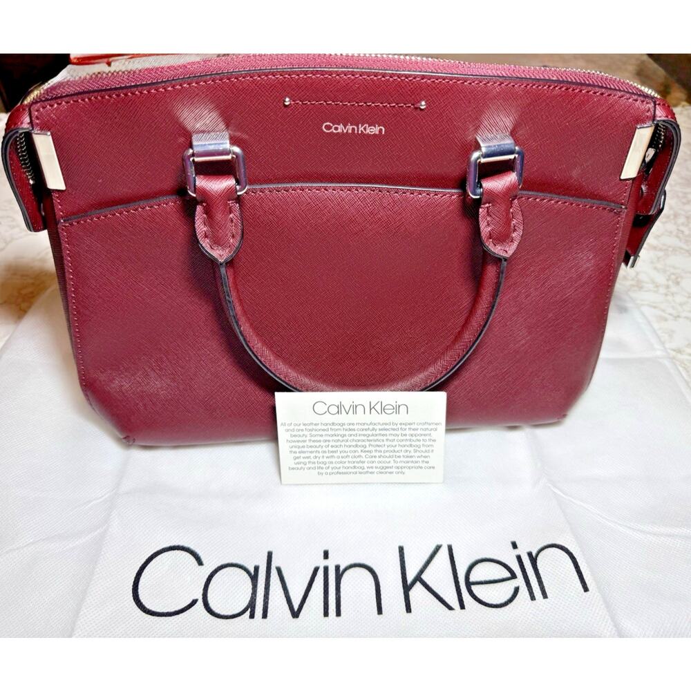 Calvin Klein Raelynn Saffiano Leather Satchel Merlot Red Top Zip Crossbody Purse